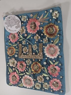 Embroidered Floral Sequin Clutch - Teal Pink Gold